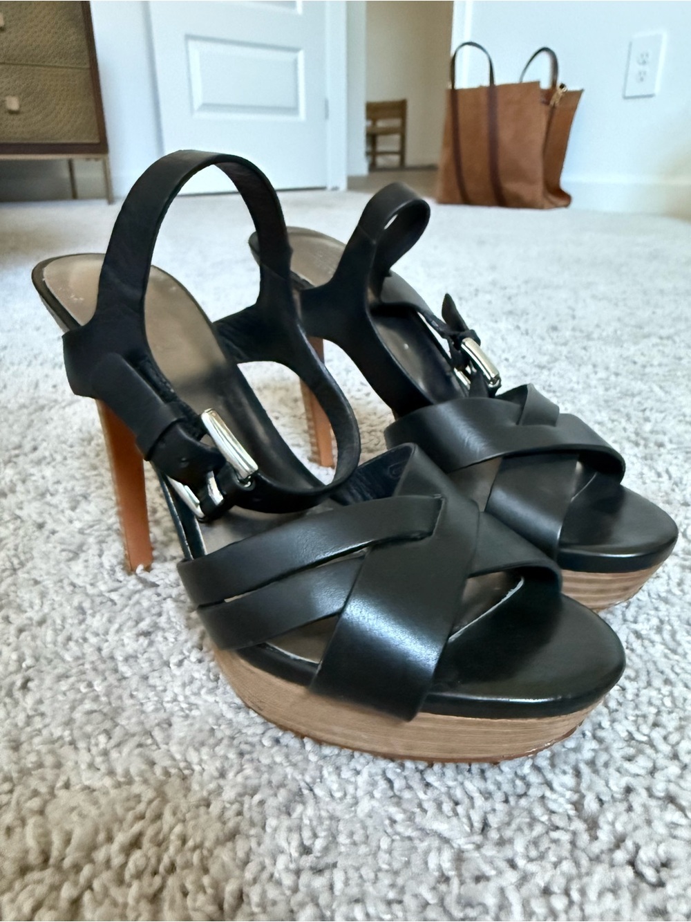 Coach Black Leather Platform Slingback Heels with Wood-Look Platform